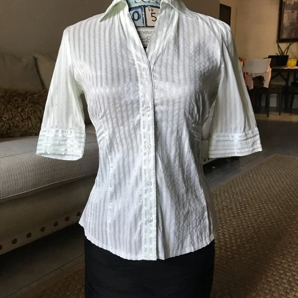 White green stripes fitted stretchy shirt sleeve blouse S - Picture 2 of 11